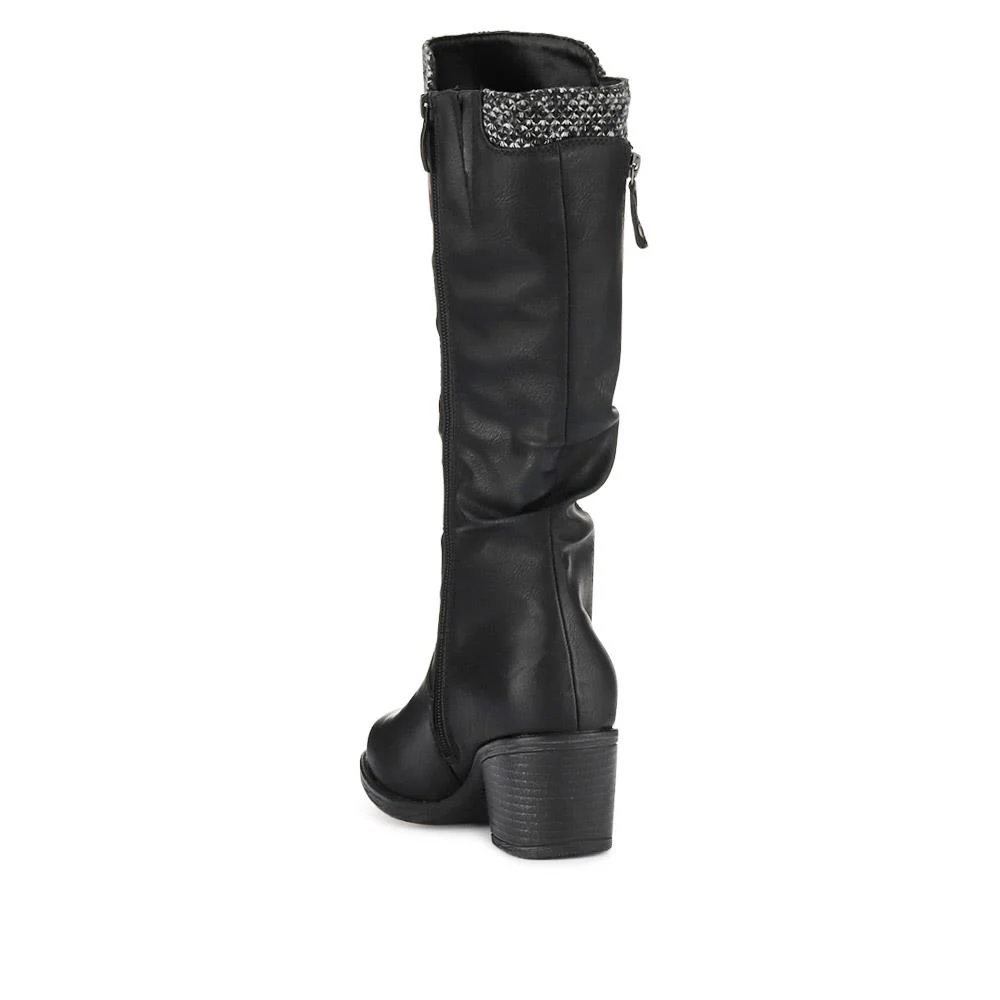 Fabric-Cuff Block-Heeled Long Boots - WOIL40025 / 326 605 - Black - Image 3