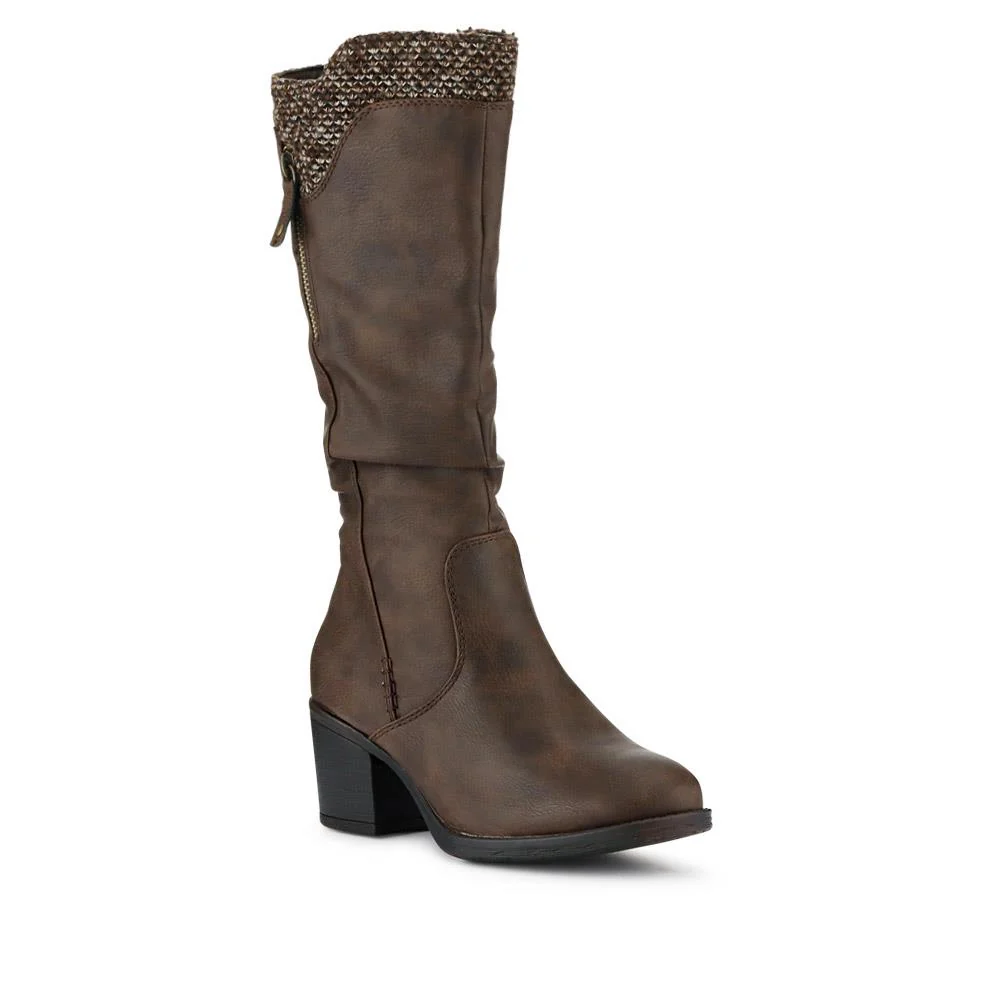 Fabric-Cuff Block-Heeled Long Boots - WOIL40025 / 326 605 - Brown