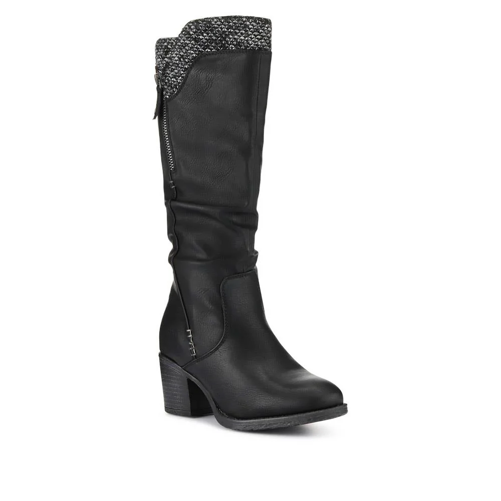 Fabric-Cuff Block-Heeled Long Boots - WOIL40025 / 326 605