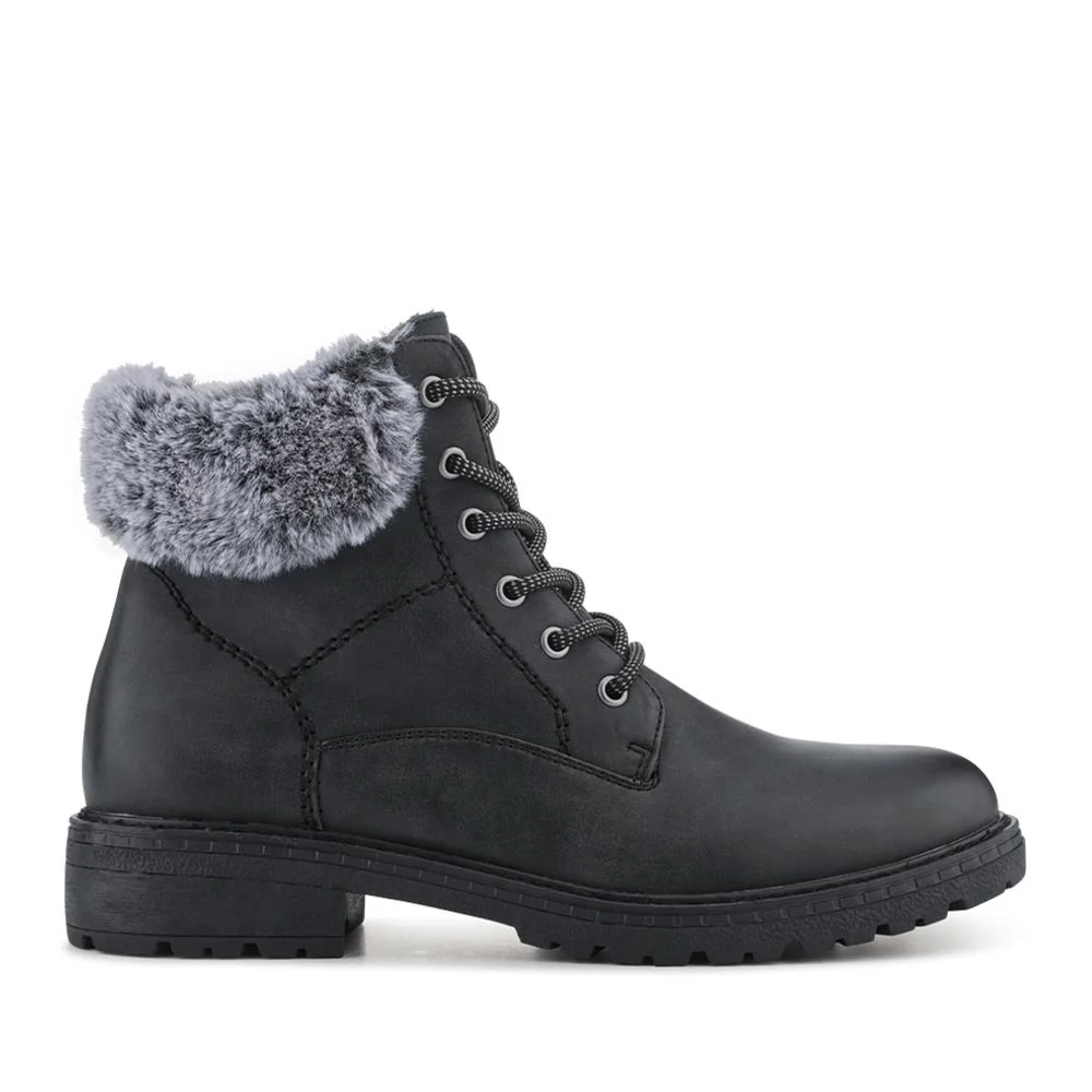 Faux Fur Cuff Lace Up Ankle Boots - WBINS42033 / 328 109 - Black - Image 2