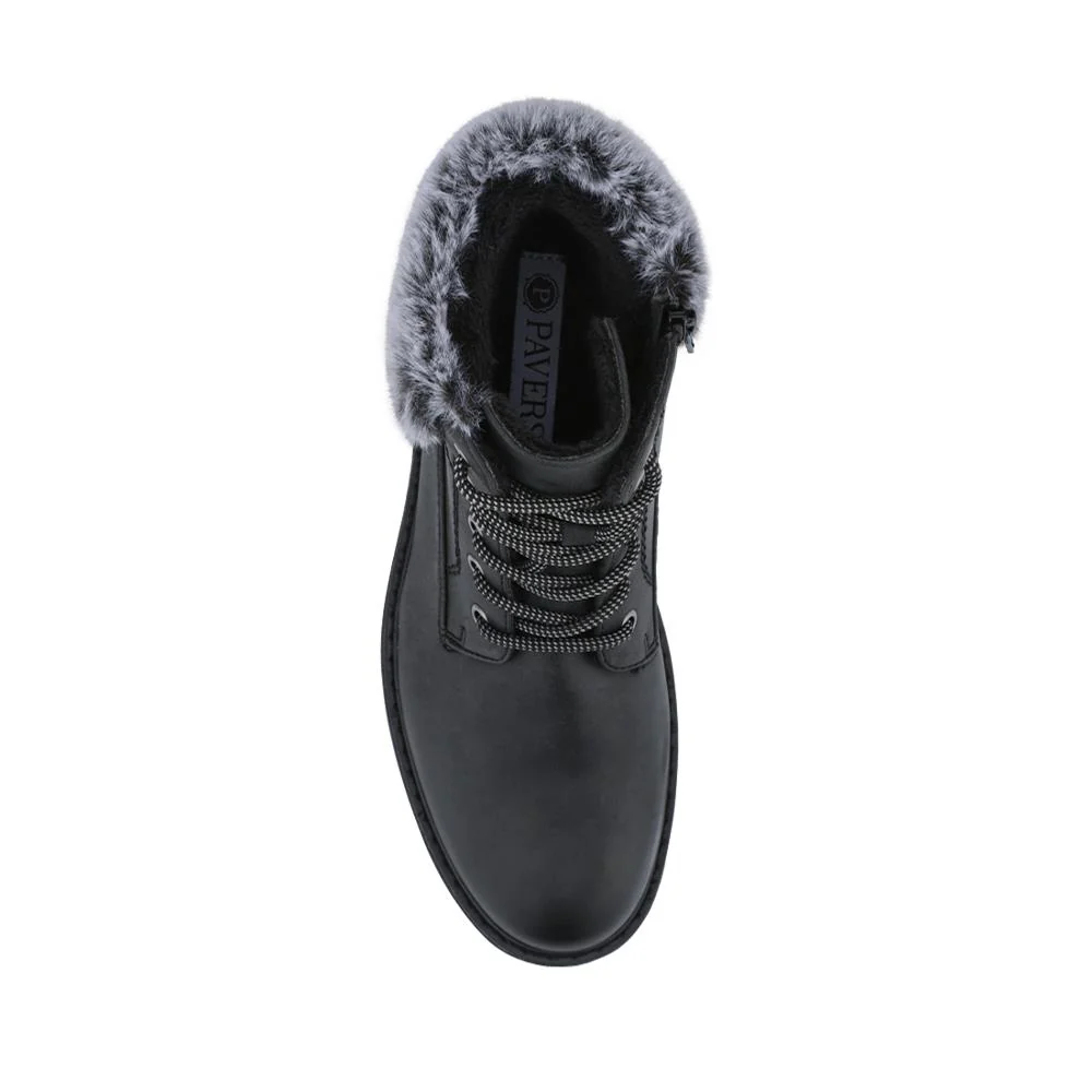 Faux Fur Cuff Lace Up Ankle Boots - WBINS42033 / 328 109 - Black - Image 6