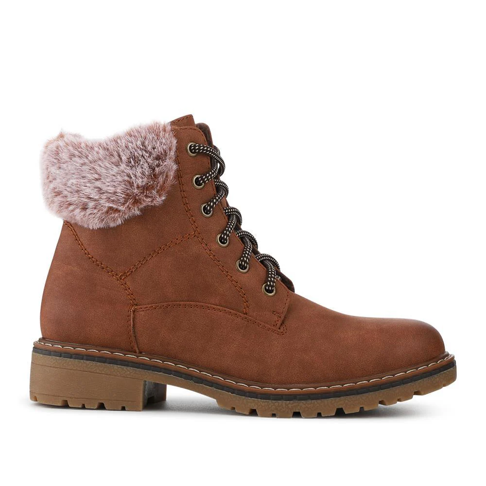 Faux Fur Cuff Lace Up Ankle Boots - WBINS42033 / 328 109 - Tan - Image 2