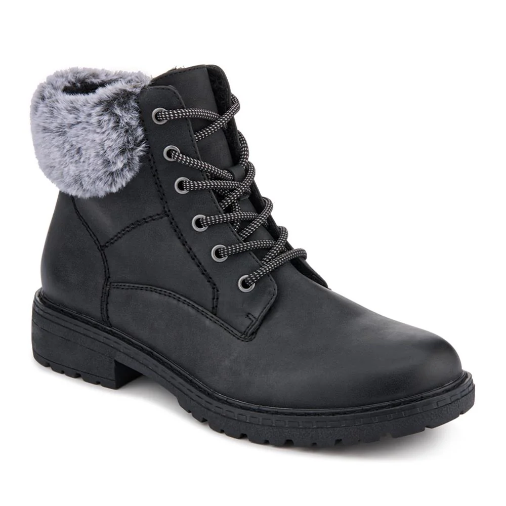 Faux Fur Cuff Lace Up Ankle Boots - WBINS42033 / 328 109 - Black
