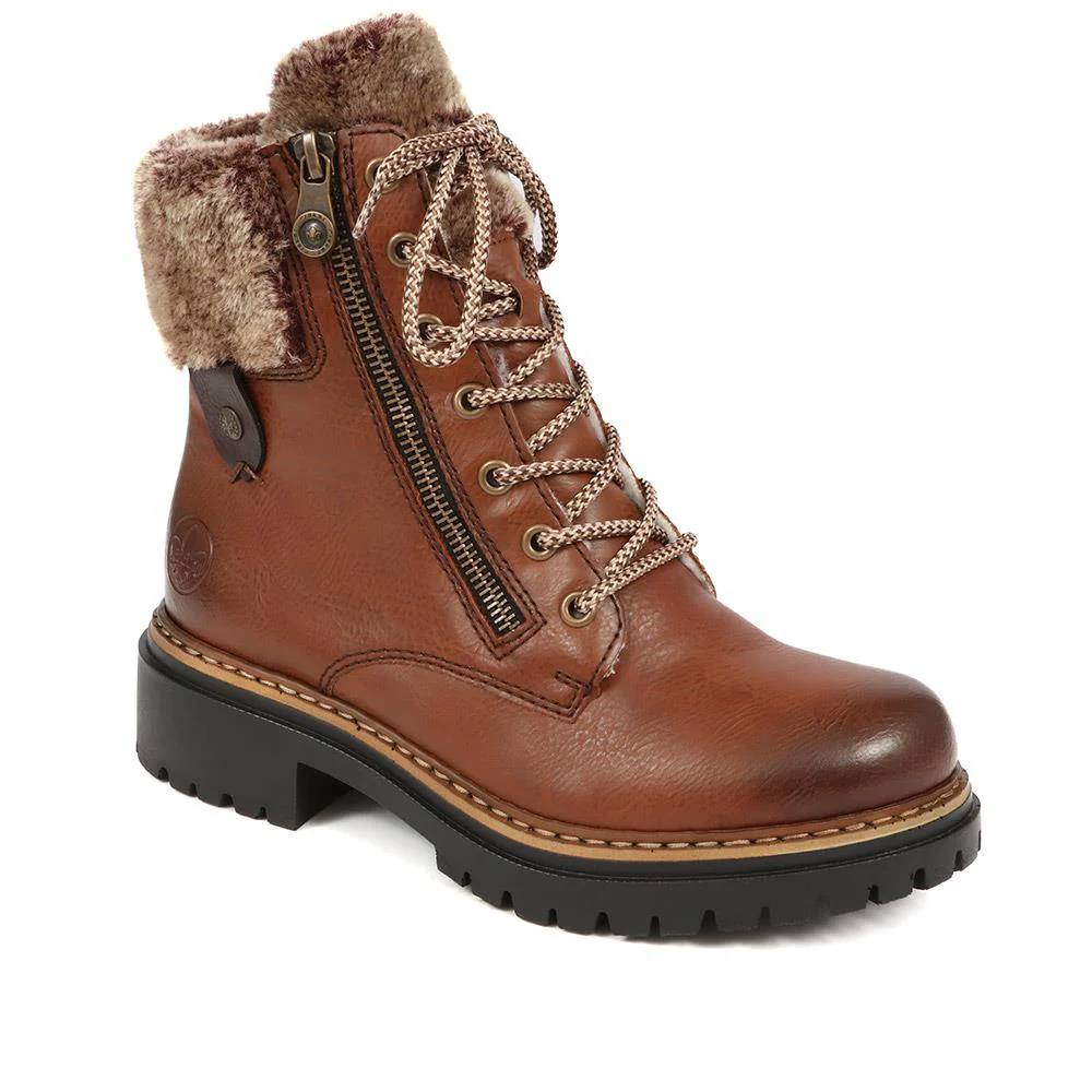 Fleece Trimmed Lace Up Ankle Boots - RKR38521 / 324 345 - Tan
