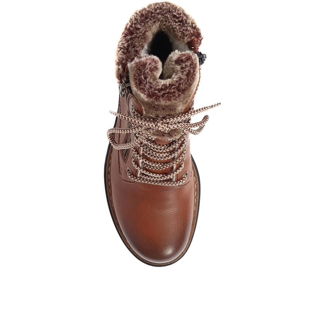 Fleece Trimmed Lace Up Ankle Boots - RKR38521 / 324 345 - Tan - Image 5