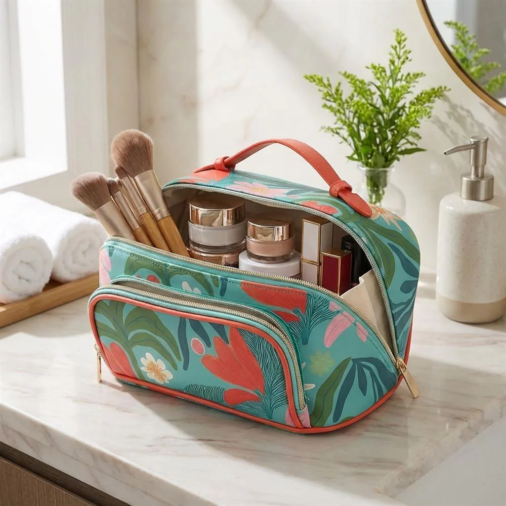 Tropical Multi Compartment Cosmetic Bag - HTZ43003 / 329 170 - Teal Multi - Image 2