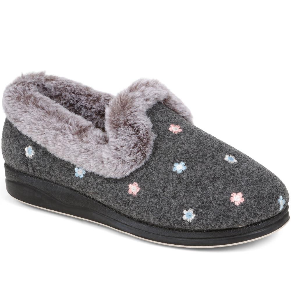 Floral Faux-Fur Slippers - QING38012 / 324 190 - Grey Floral