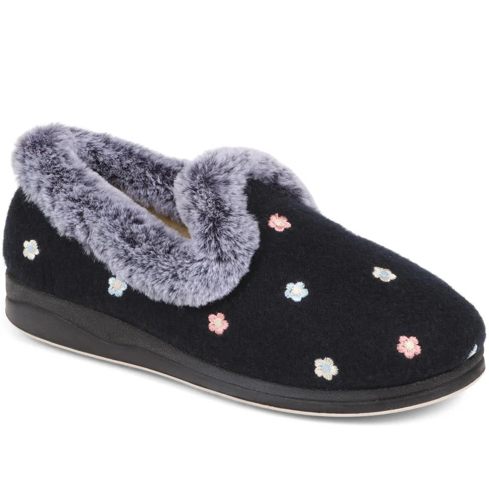 Floral Faux-Fur Slippers - QING38012 / 324 190 - Navy Floral