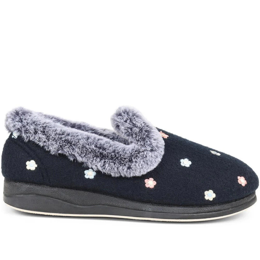 Floral Faux-Fur Slippers - QING38012 / 324 190 - Navy Floral - Image 2