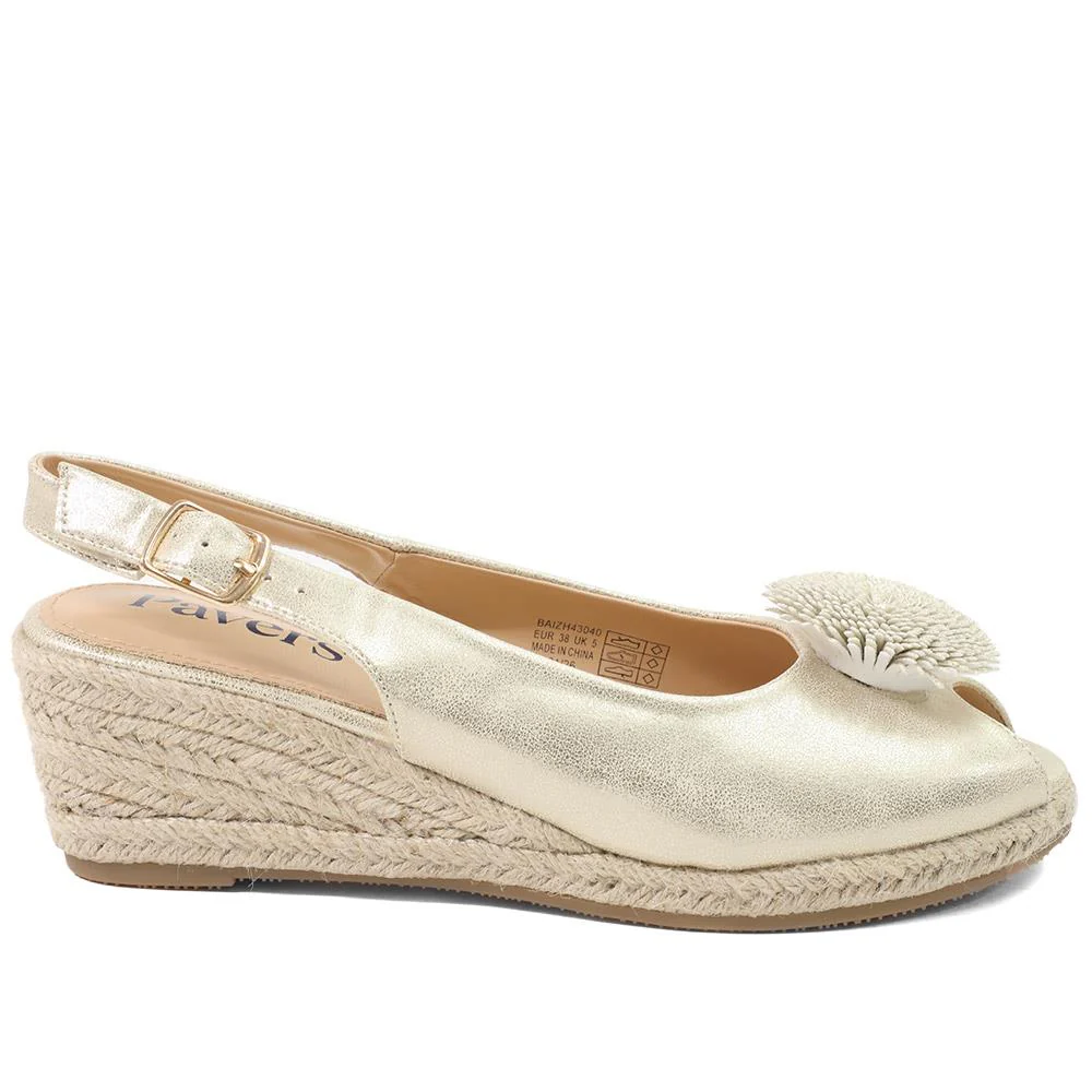 Flower Detail Peep Toe Wedge Sandals - BAIZH43040 / 329 259 - Gold - Image 3