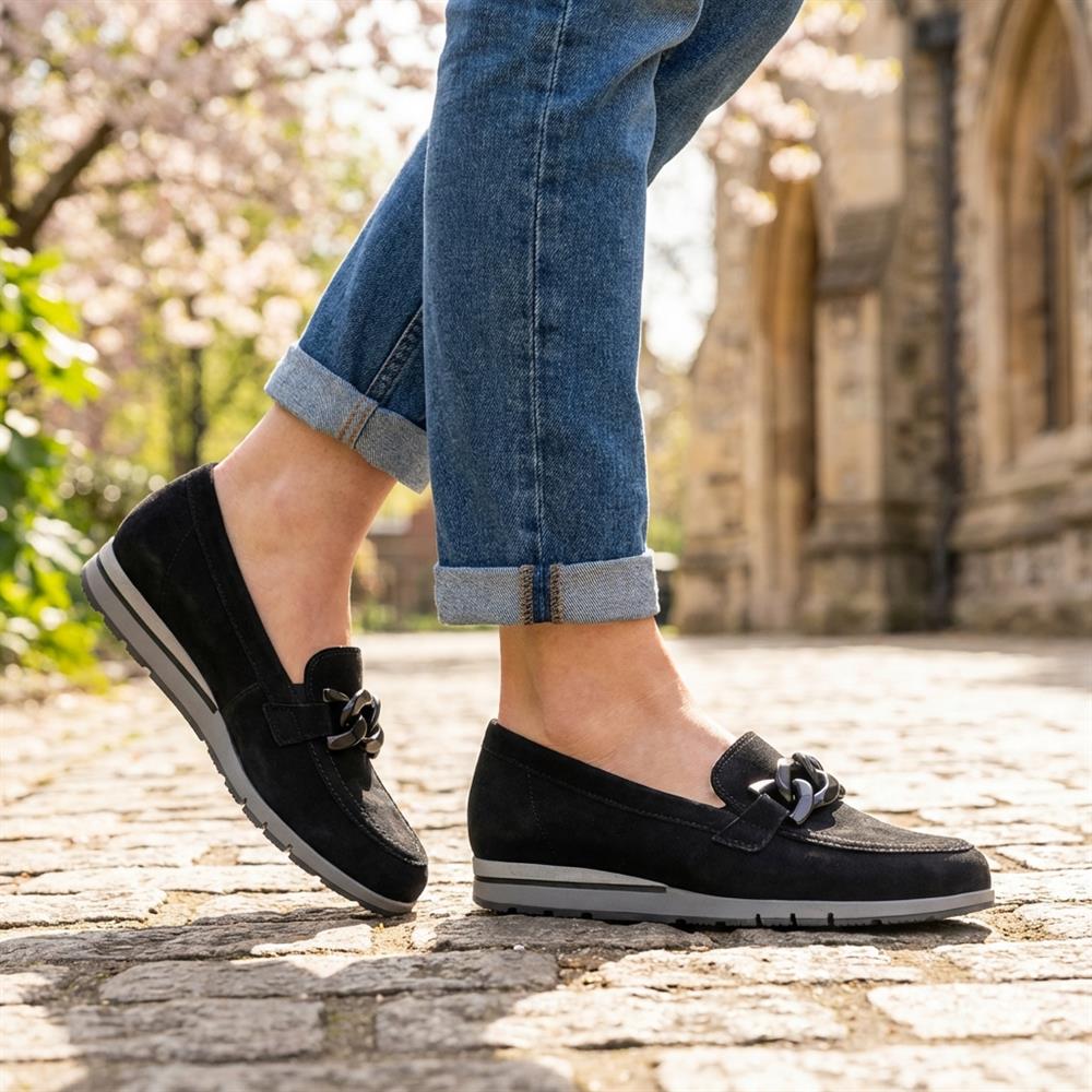Gabor Wide Fit Leather Wedge Heel Moccasins - GAB42019 / 329 522 - Black - Image 2
