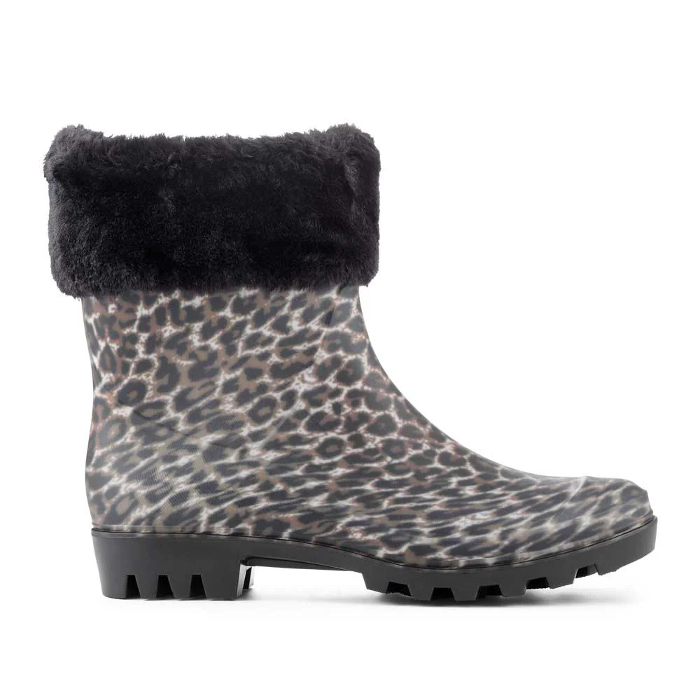 Fur Cuff Warm Lined Ankle Wellies - BELFEI42003 / 328 460 - Leopard - Image 2
