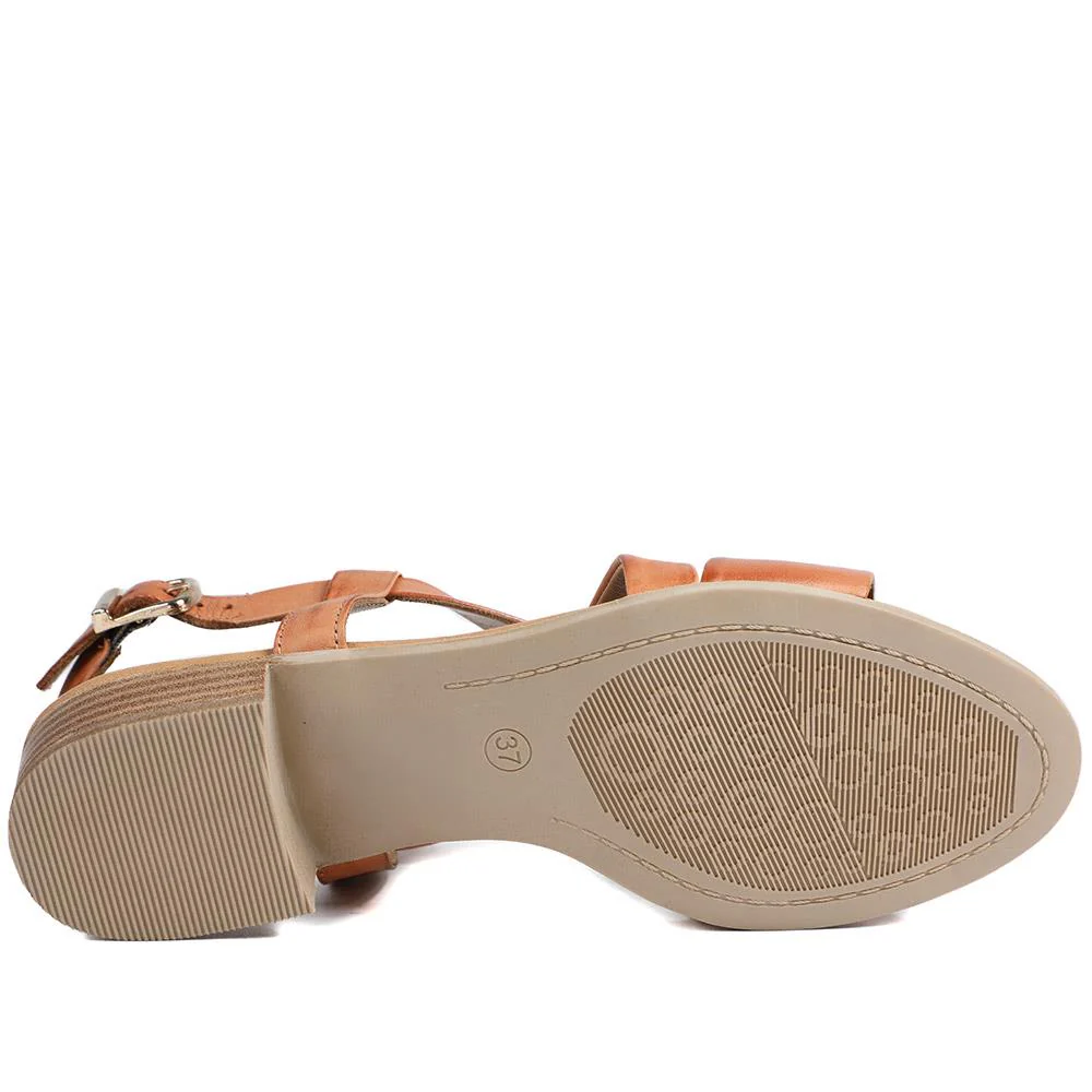 Halston Leather Block Heel Sandals - HALSTON / 329 438 - Tan - Image 5