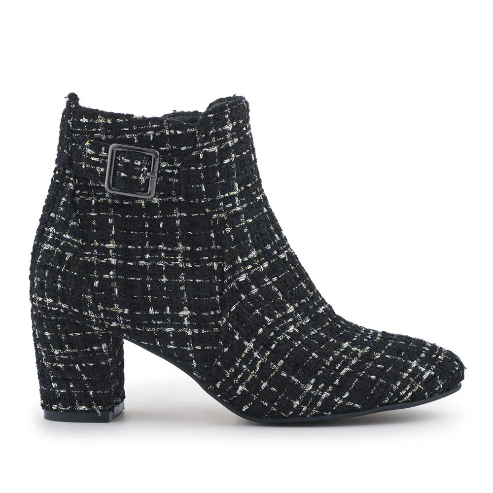 Heeled Buckle Detail Ankle Boots - WBINS38090 / 324 214 - Black Tweed - Image 2
