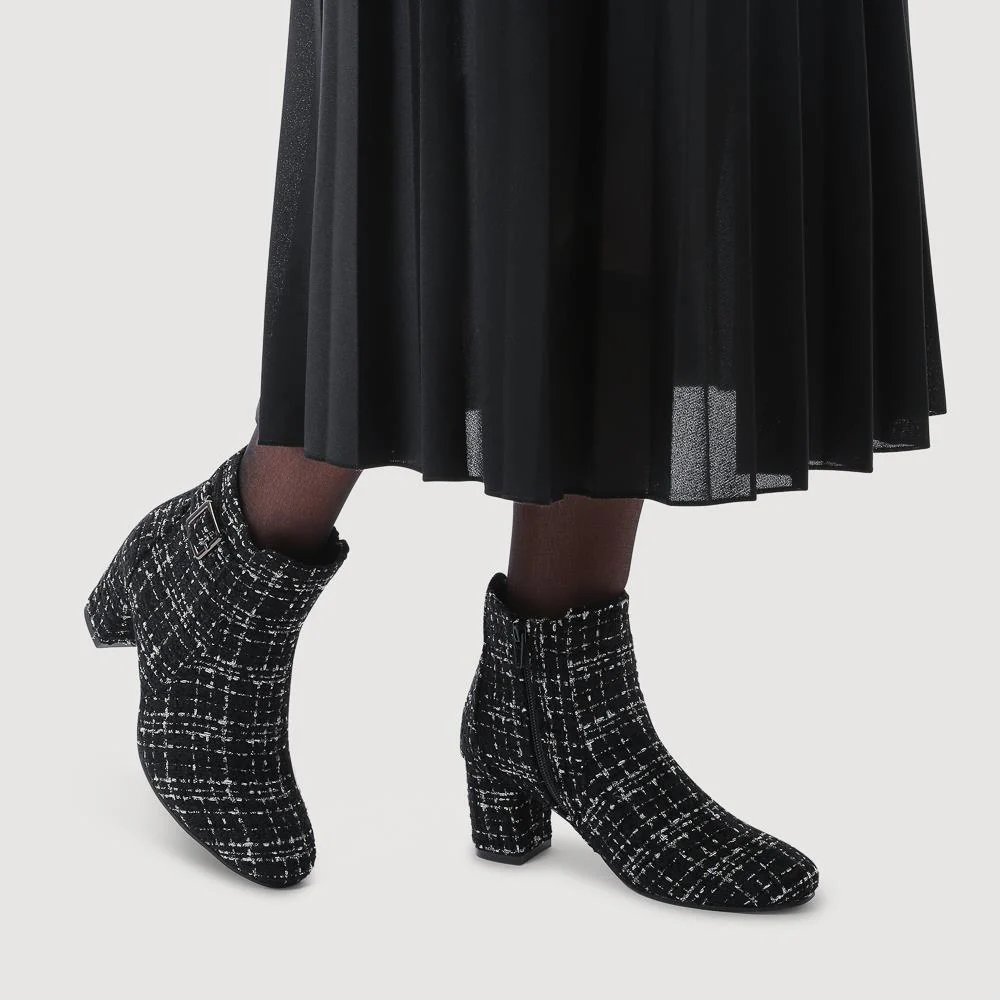Heeled Buckle Detail Ankle Boots - WBINS38090 / 324 214 - Black Tweed - Image 5
