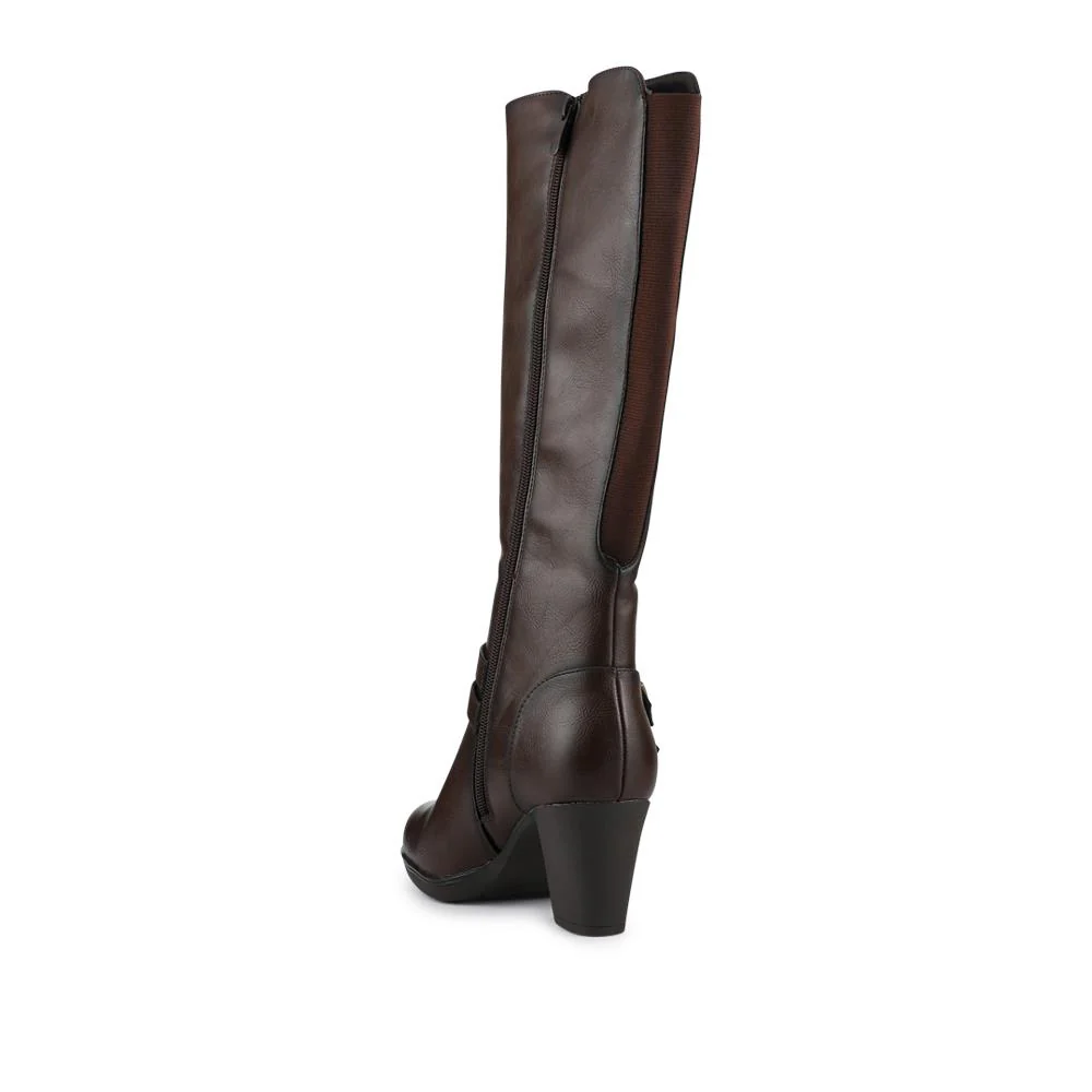 Heeled Calf-Stretch Long Boots - WK42007 / 327 914 - Chocolate - Image 3