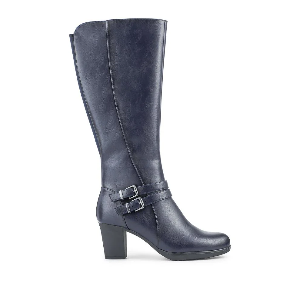 Heeled Calf-Stretch Long Boots - WK42007 / 327 914 - Navy - Image 2