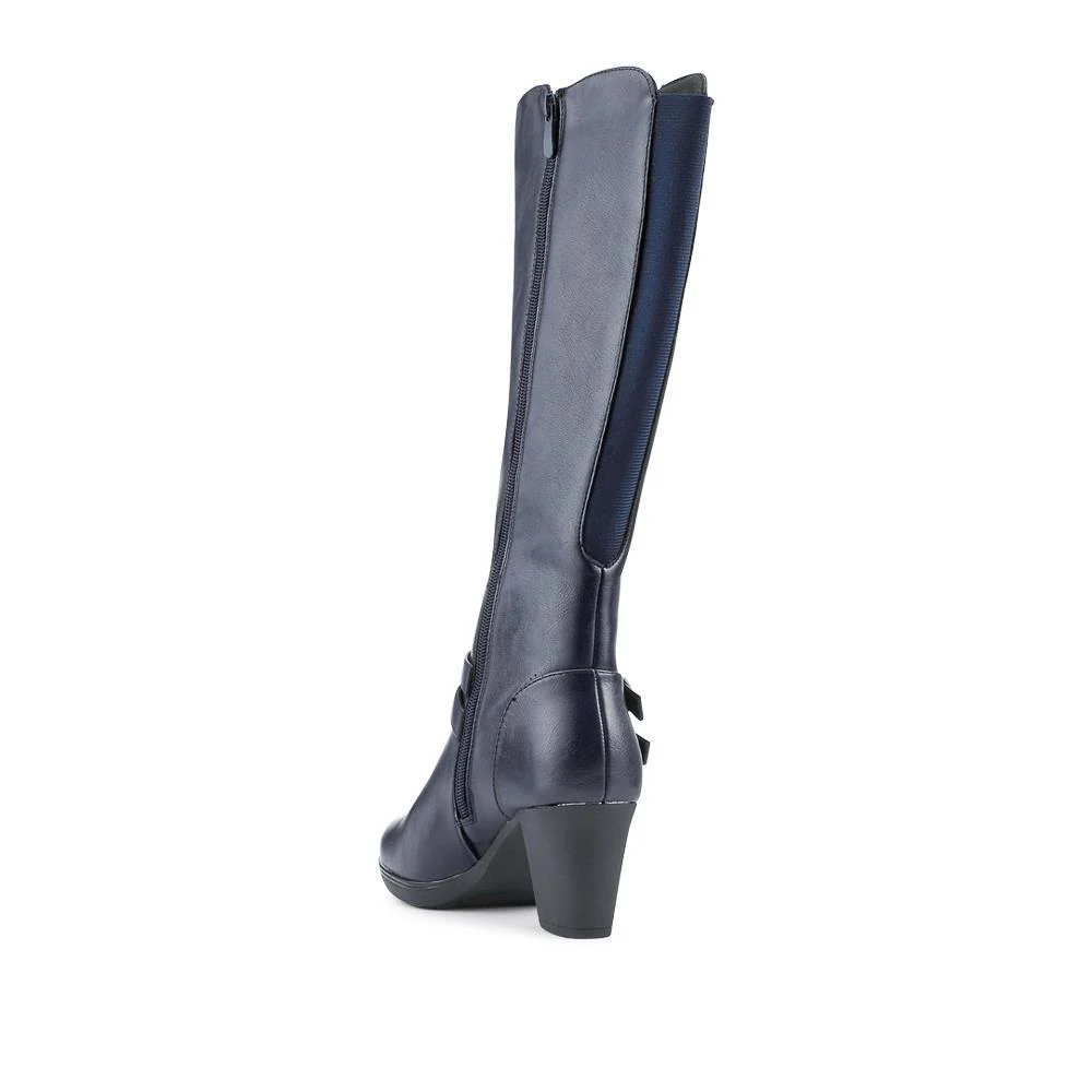 Heeled Calf-Stretch Long Boots - WK42007 / 327 914 - Navy - Image 3