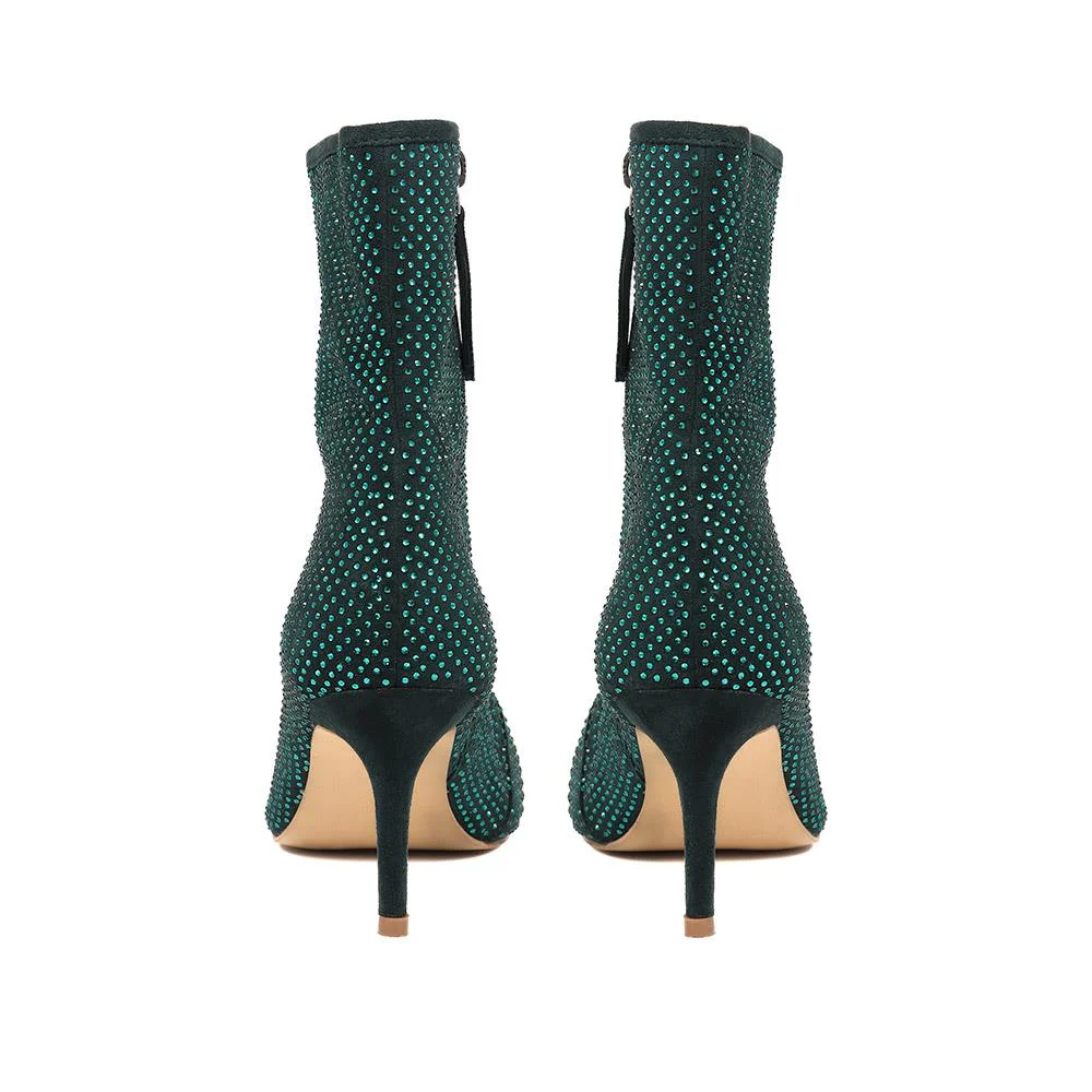 Jewelled Leather Heeled Boots - KHIARA / 324 334 - Green - Image 3