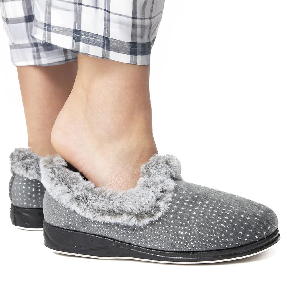 Easy Step In Wide Fit Fur Cuff Slippers - QING42016 / 327 961 - Grey - Image 5