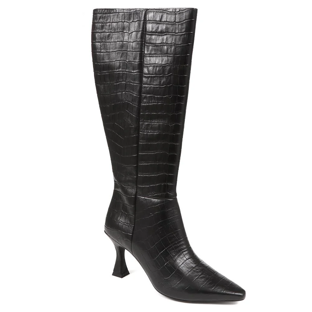 Knee-High Leather Heeled Boots - SIBILLA / 324 558 - Black Croc