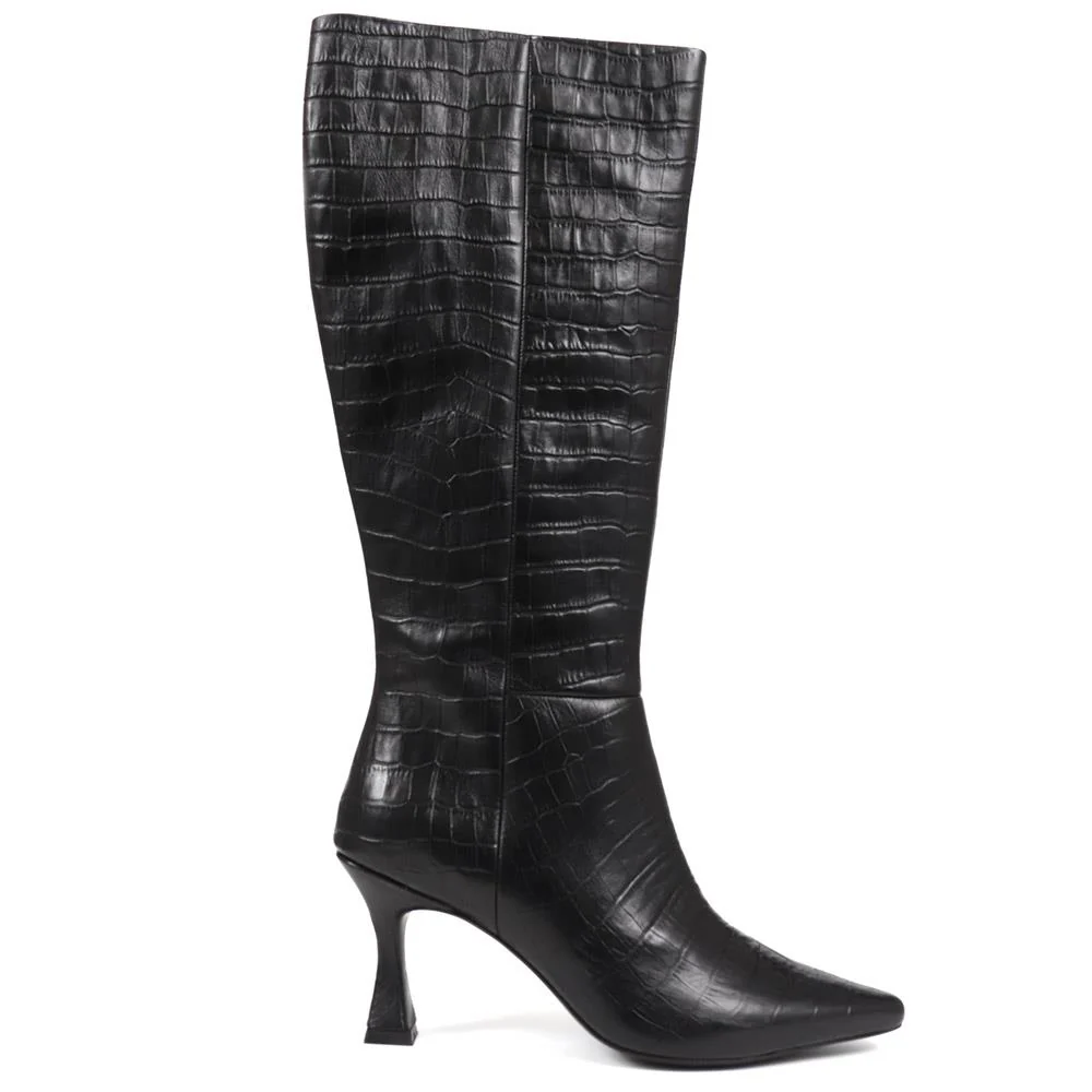 Knee-High Leather Heeled Boots - SIBILLA / 324 558 - Black Croc - Image 2