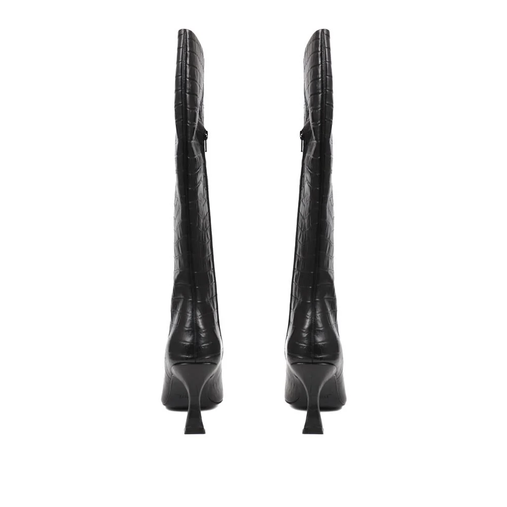 Knee-High Leather Heeled Boots - SIBILLA / 324 558 - Black Croc - Image 3