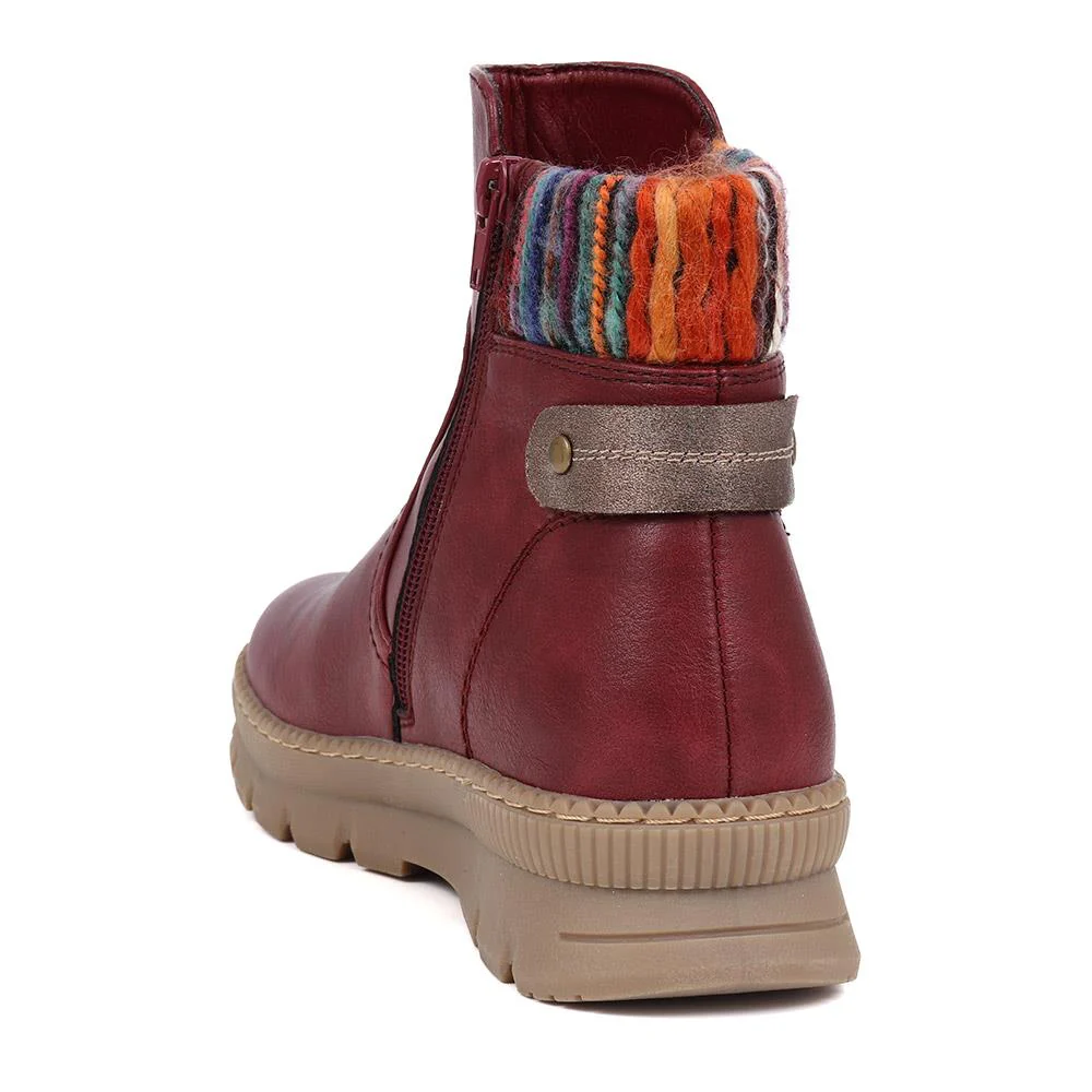 Knitted Cuff Ankle Boots - WBINS40169 / 326 116 - Burgundy - Image 3