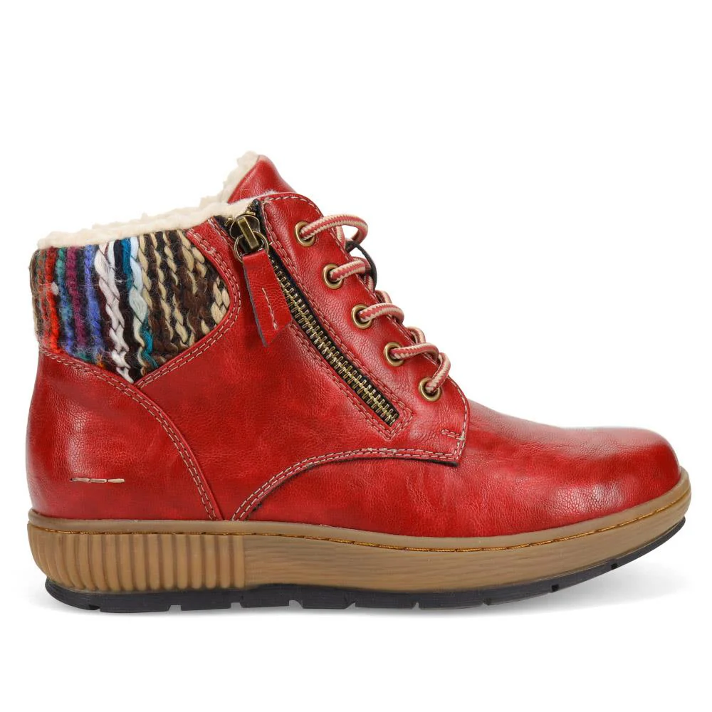 Knitted Cuff Lace-Up Boots - WBINS40121 / 326 403 - Burgundy - Image 2
