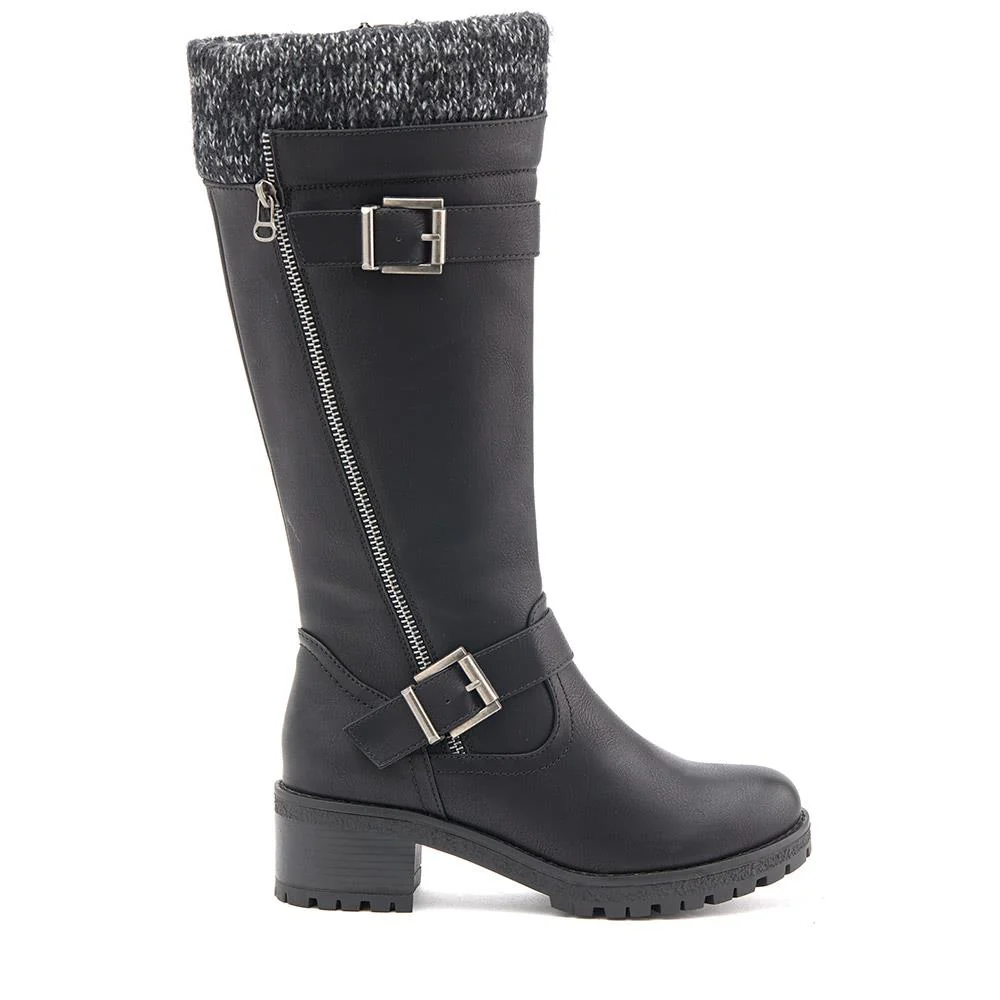 Knitted Cuff Long Boots - WOIL40011 / 326 108 - Black - Image 2