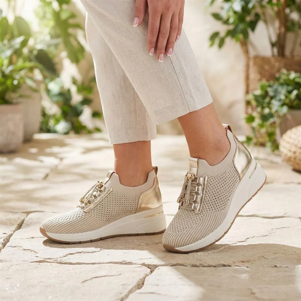 Knitted Slip On Wedge Trainers - WOIL43021 / 329 313 - Gold - Image 2