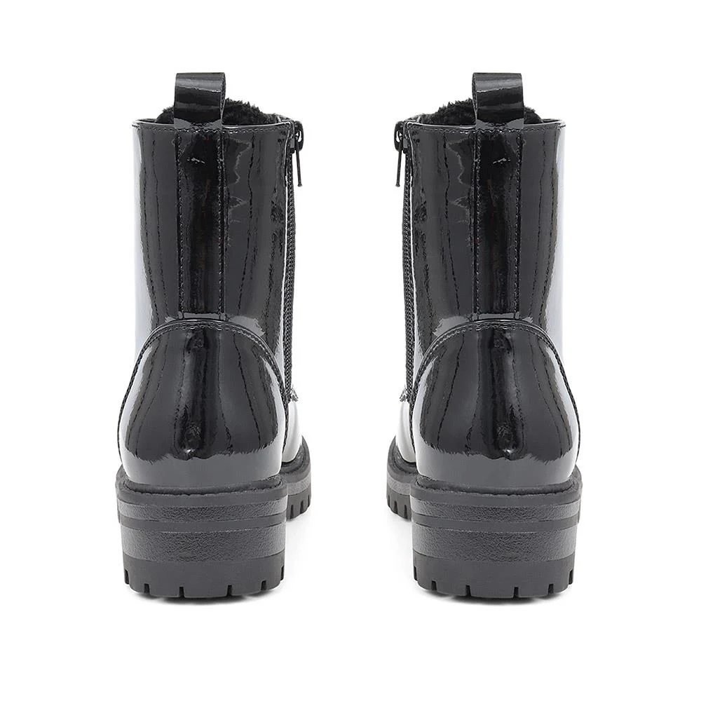 Lace-Up Chunky Ankle Boots - BELWBINS38043 / 324 156 - Black Patent - Image 3