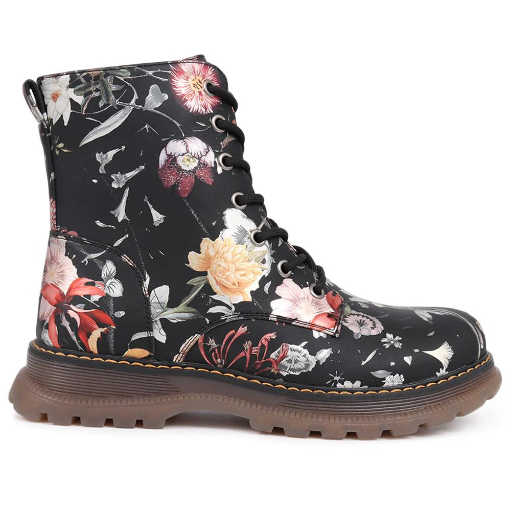 Lace-Up Floral Boots - PINYI40011 / 326 033 - Black Floral - Image 2