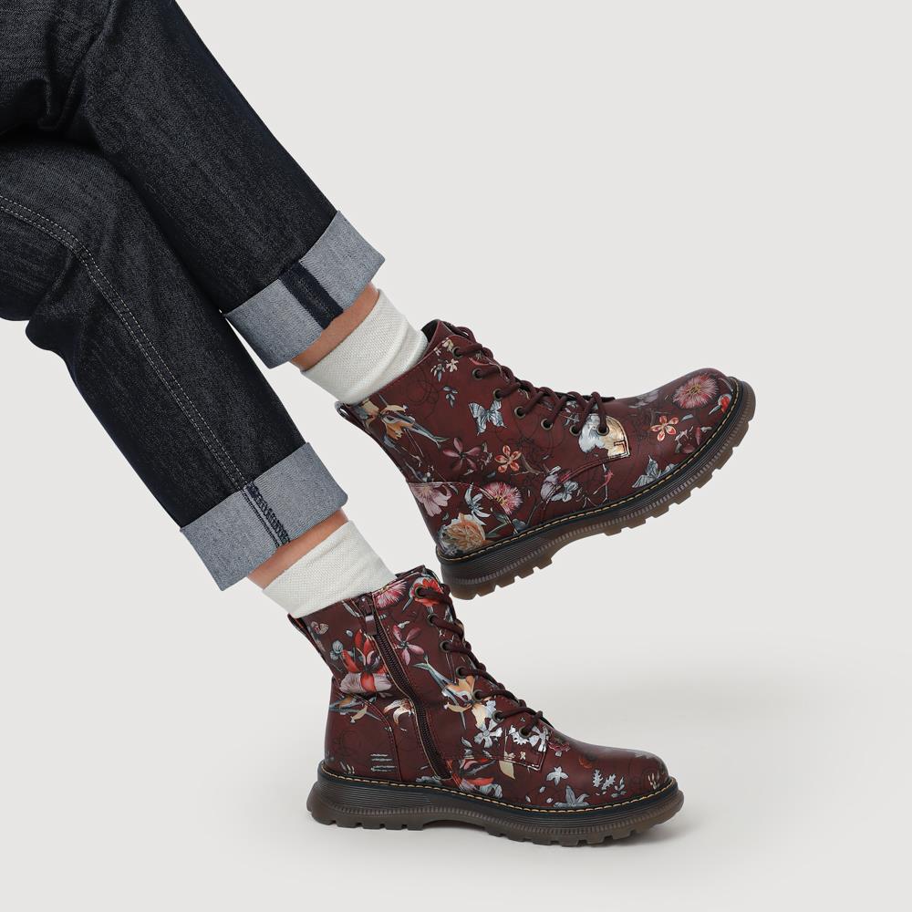 Lace-Up Floral Boots - PINYI40011 / 326 033 - Burgundy Floral - Image 5