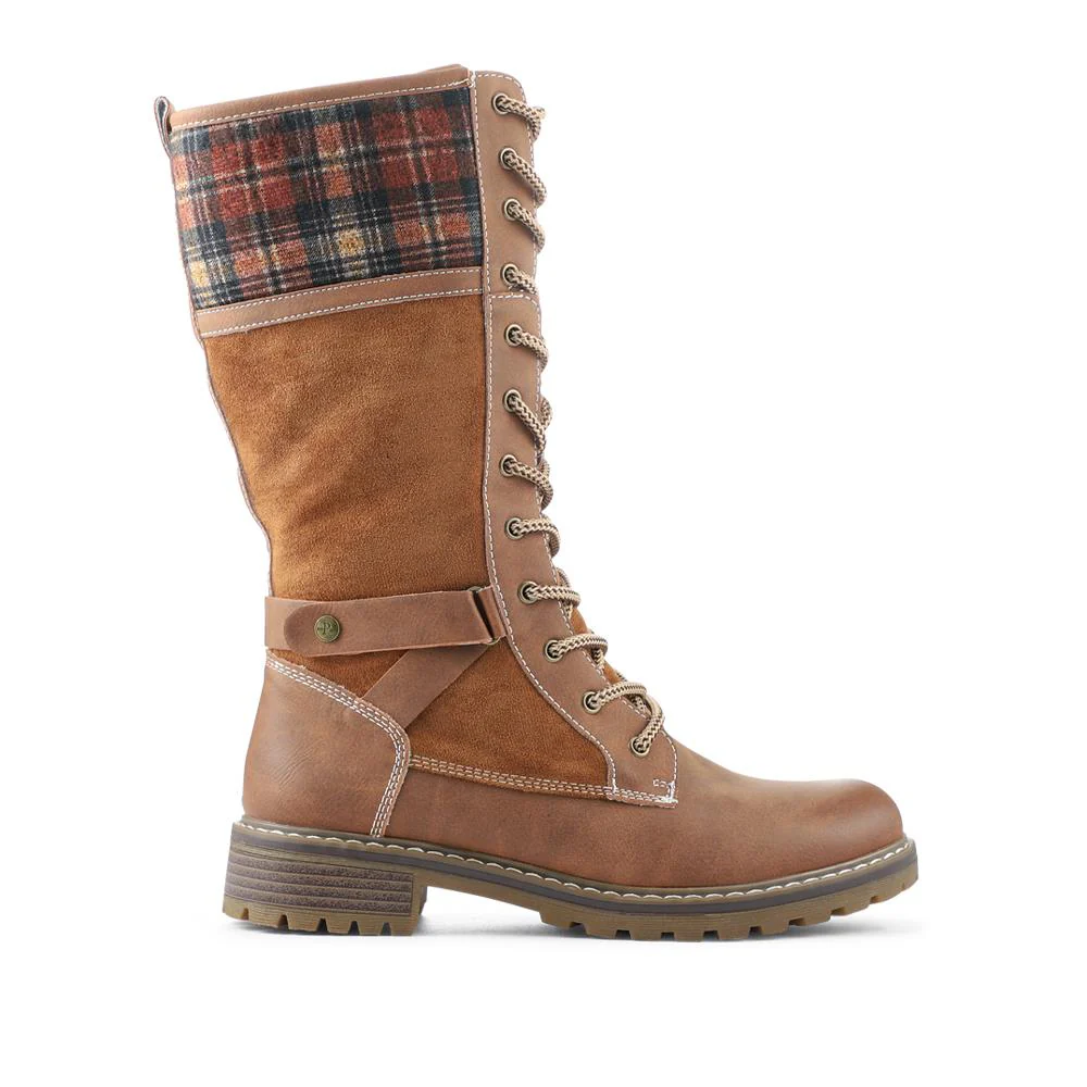 Lace Up Long Boots With Tartan Cuff - SHINN42000 / 328 295 - Tan - Image 2