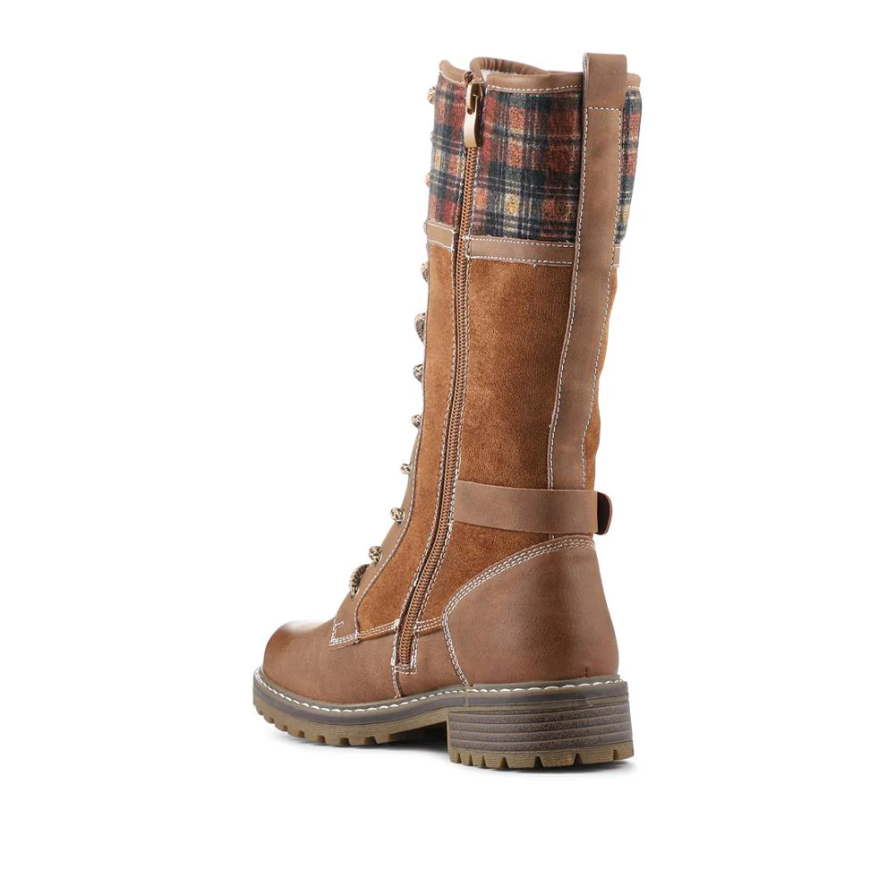 Lace Up Long Boots With Tartan Cuff - SHINN42000 / 328 295 - Tan - Image 3