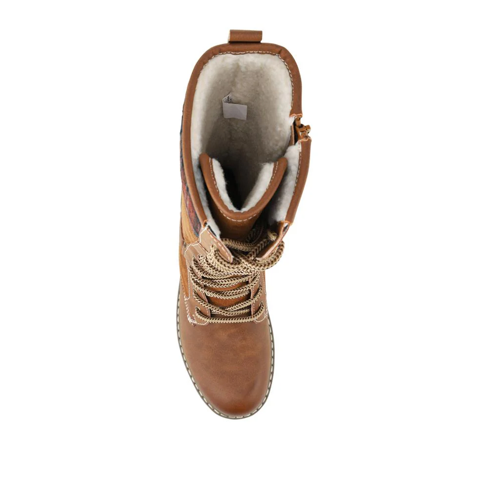 Lace Up Long Boots With Tartan Cuff - SHINN42000 / 328 295 - Tan - Image 4