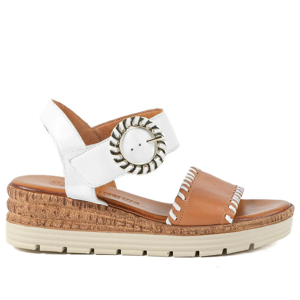 Leather Buckle Fasten Wedge Sandals - BELMETIN43015 / 329 289 - White-Tan - Image 3
