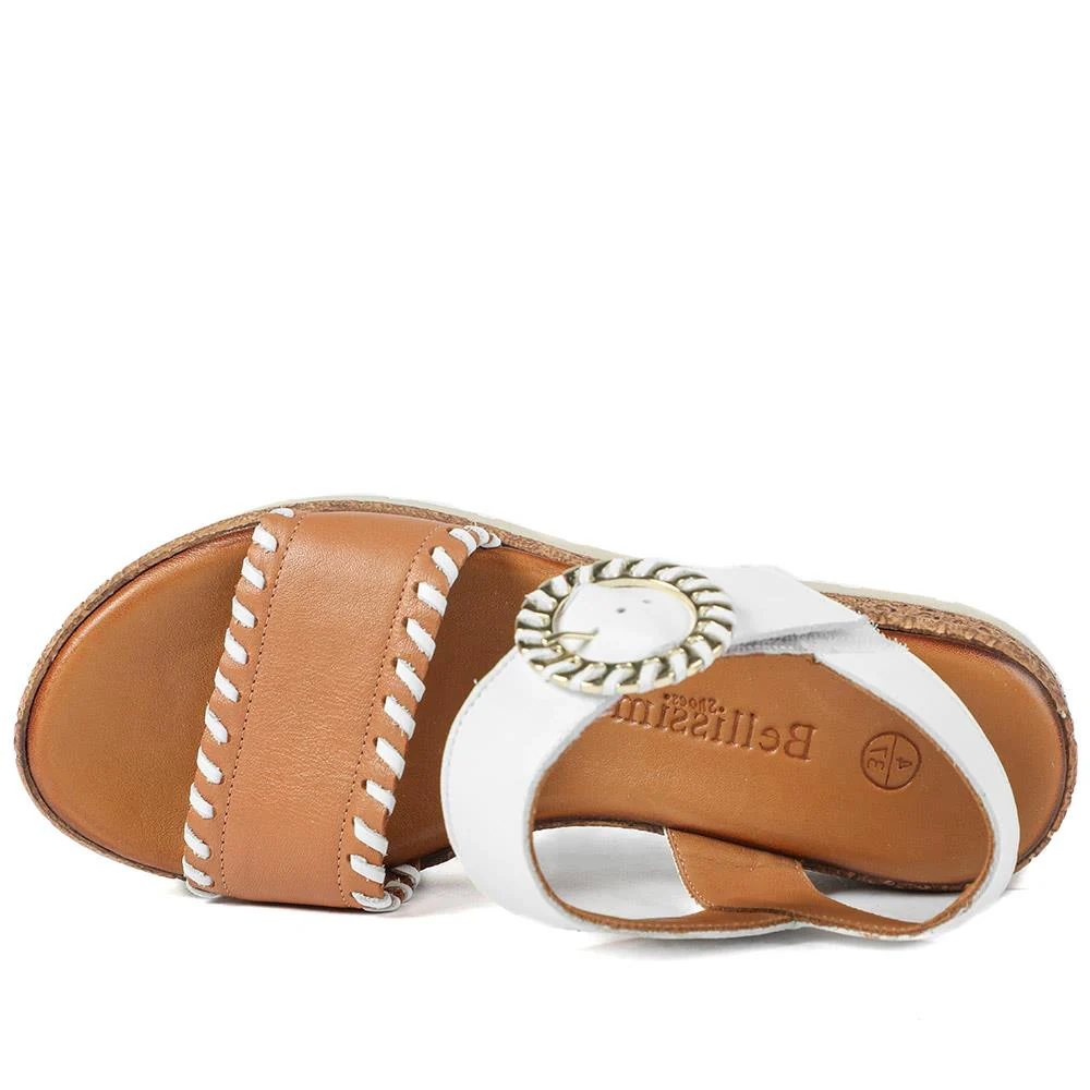 Leather Buckle Fasten Wedge Sandals - BELMETIN43015 / 329 289 - White-Tan - Image 5