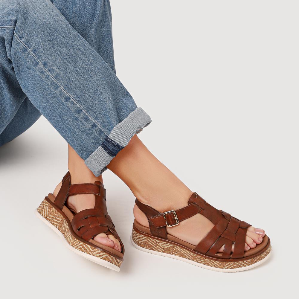Leather Buckle-Up Sandals - RKR41540 / 327 289 - Tan - Image 5