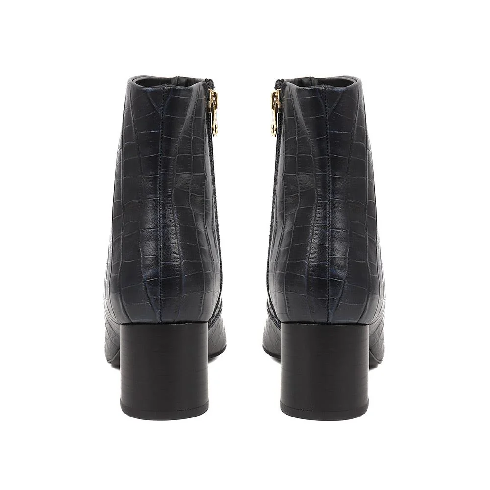 Leather Croc Heeled Ankle Boots - SUZETTA / 324 559 - Navy Croc - Image 3