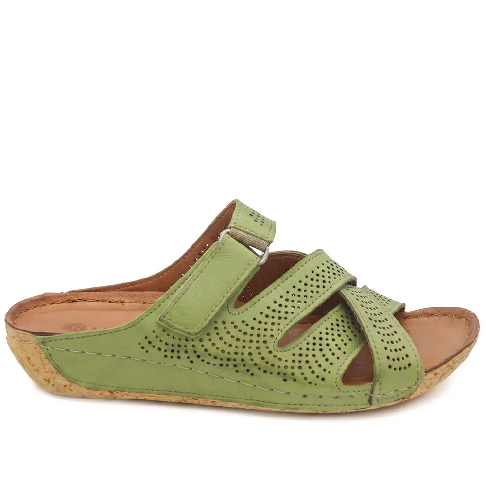 Leather Cut-Out Adjustable Strap Sandals - KARY43004 / 329 118 - Green - Image 3
