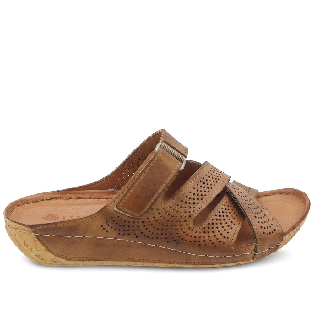 Leather Cut-Out Adjustable Strap Sandals - KARY43004 / 329 118 - Tan - Image 3