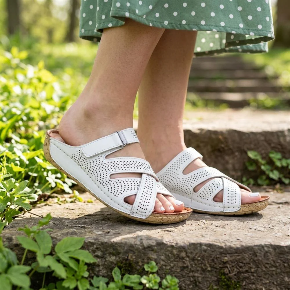 Leather Cut-Out Adjustable Strap Sandals - KARY43004 / 329 118 - White - Image 2