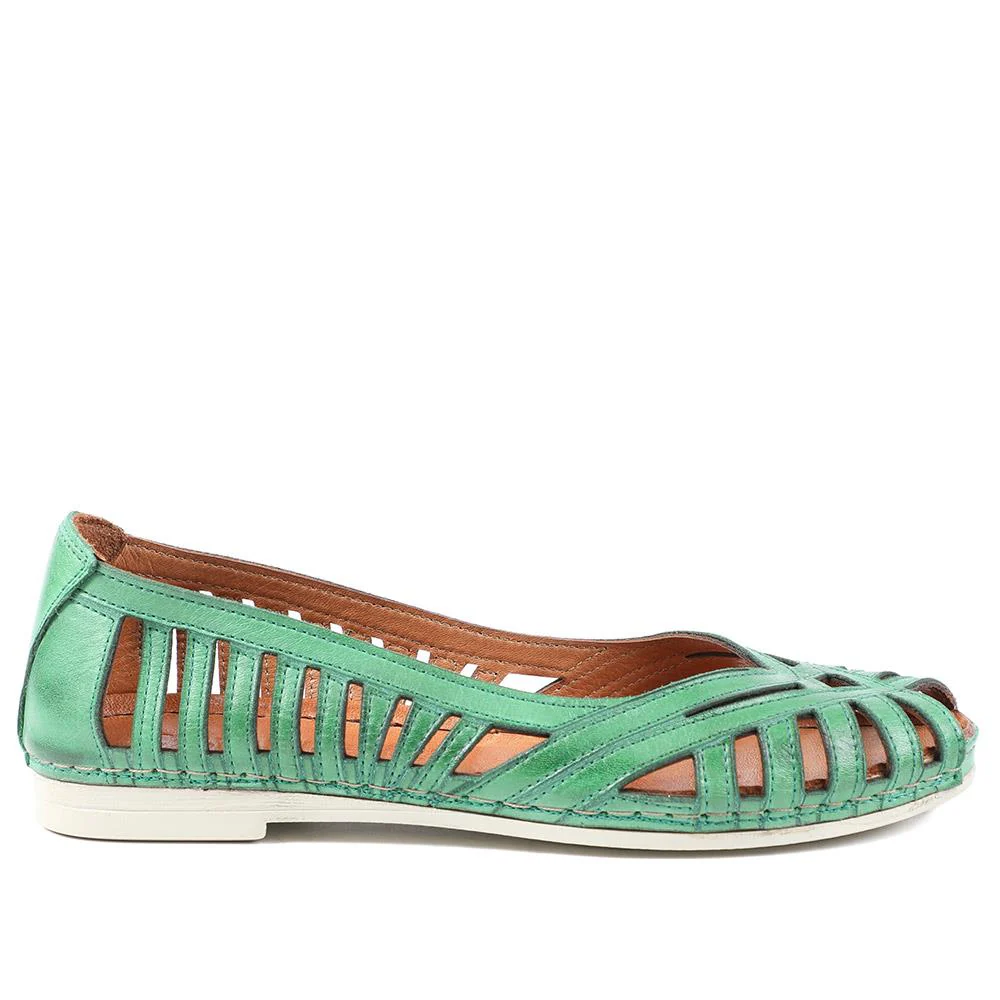 Leather Cut Out Peep Toe Flats - KARY43003 / 329 013 - Green - Image 3
