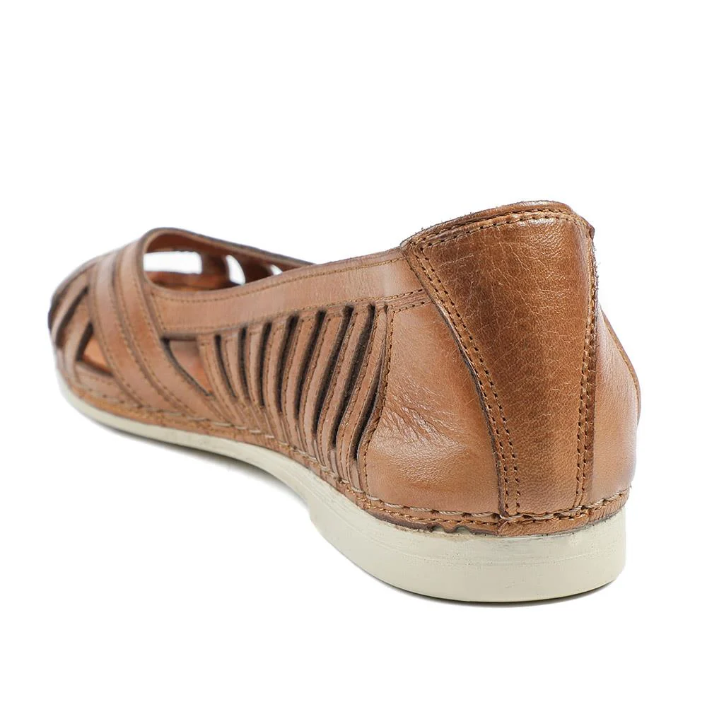 Leather Cut Out Peep Toe Flats - KARY43003 / 329 013 - Tan - Image 4