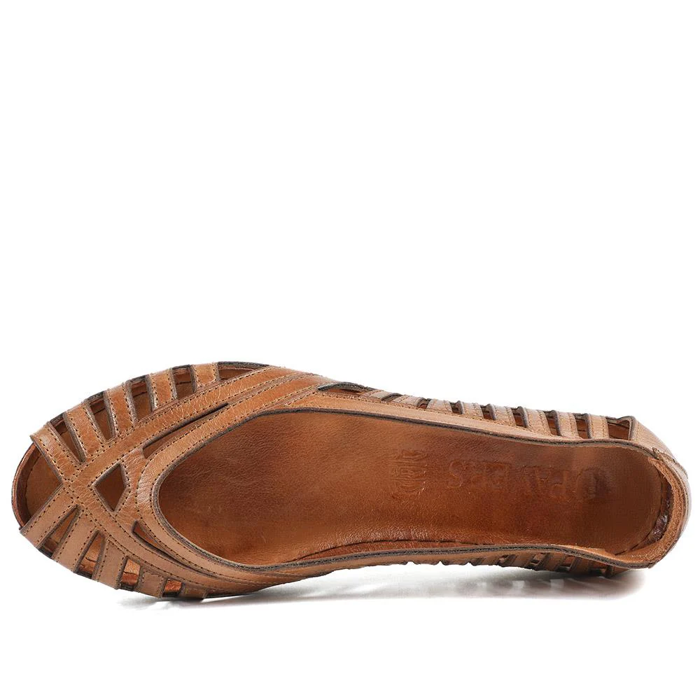 Leather Cut Out Peep Toe Flats - KARY43003 / 329 013 - Tan - Image 5