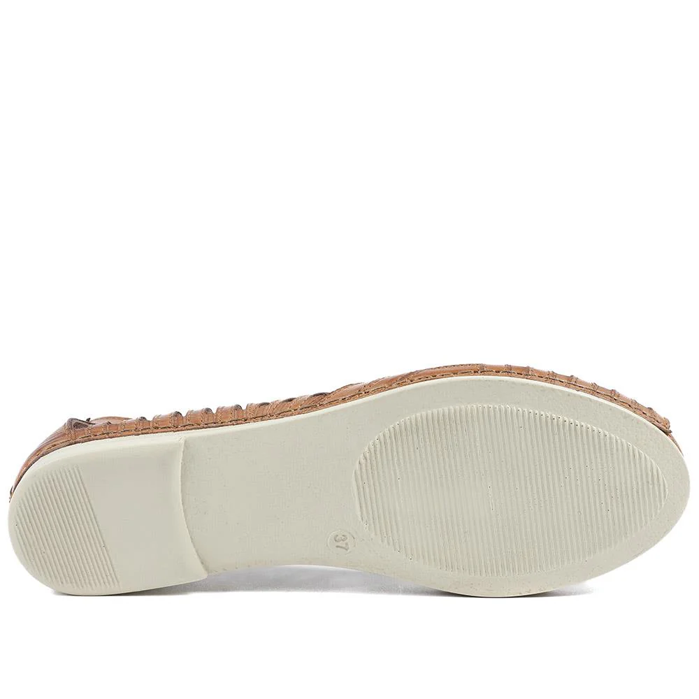 Leather Cut Out Peep Toe Flats - KARY43003 / 329 013 - Tan - Image 6
