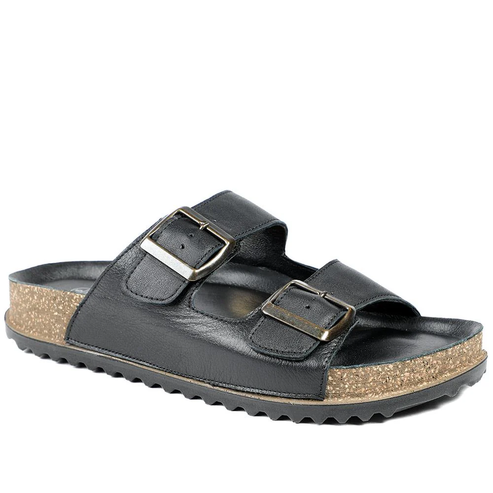Leather Dual Buckle Fastening Sandals - METIN43022 / 329 635 - Black Leather