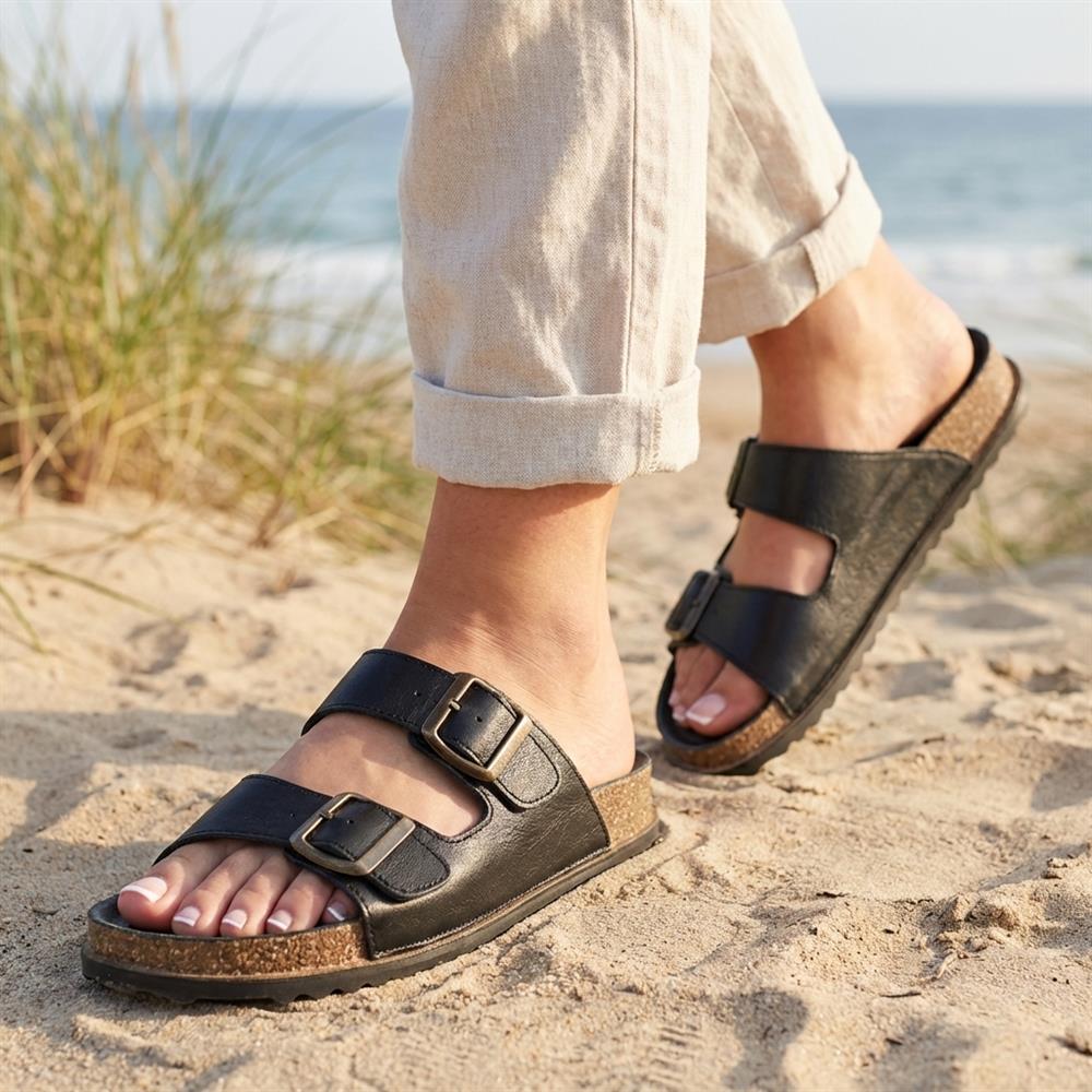 Leather Dual Buckle Fastening Sandals - METIN43022 / 329 635 - Black Leather - Image 2